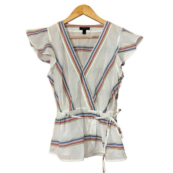 J Crew Women's Flutter-Sleeve Wrap Top in Striped Cotton Voile Size 2 - Picture 1 of 11
